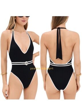 NWT 💯 L*Space Caicos One Piece Belted Halter Swimsuit Swimwear Black White XS